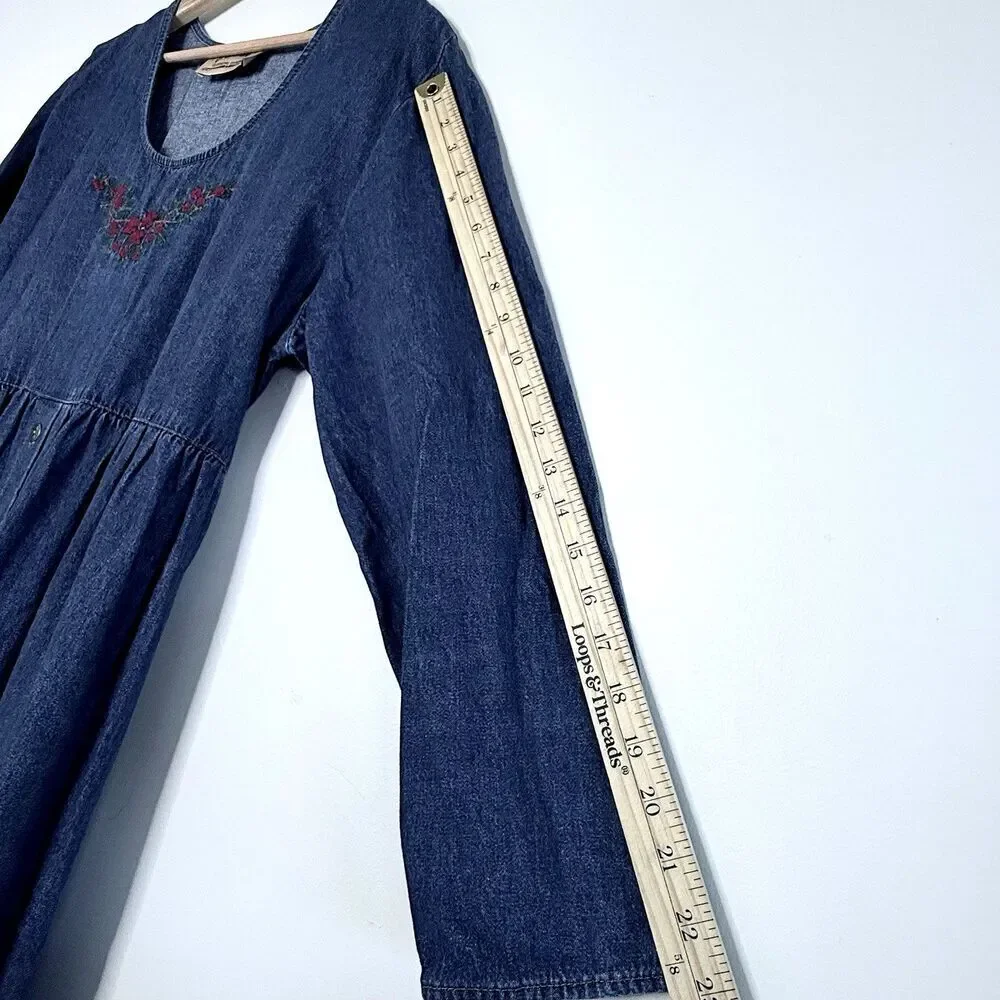 Studio West Denim Dress Embroidered Floral Cottagecore Maxi long sleeve one size - Picture 5 of 10